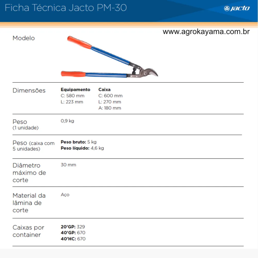 Tesourão de poda tipo lâmina passante de 58 cm Jacto PM-30 - Image 4